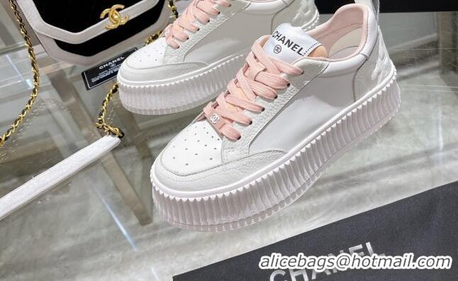 Durable Chanel Leather Platform Sneakers 081231 White/Pink