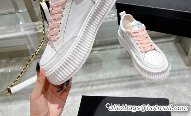 Durable Chanel Leather Platform Sneakers 081231 White/Pink