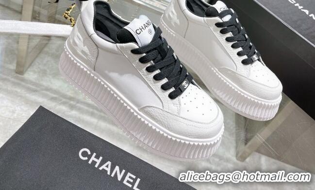 Discount Chanel Leather Platform Sneakers 081231 White/Black