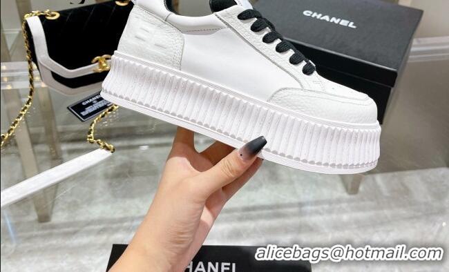 Discount Chanel Leather Platform Sneakers 081231 White/Black