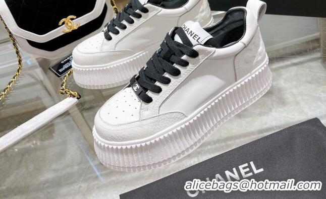 Discount Chanel Leather Platform Sneakers 081231 White/Black