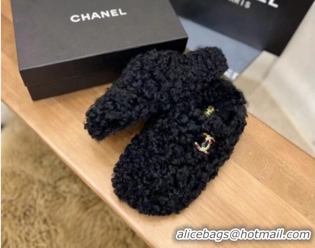 Top Design Chanel Shearling Flat Mules Black 2081234