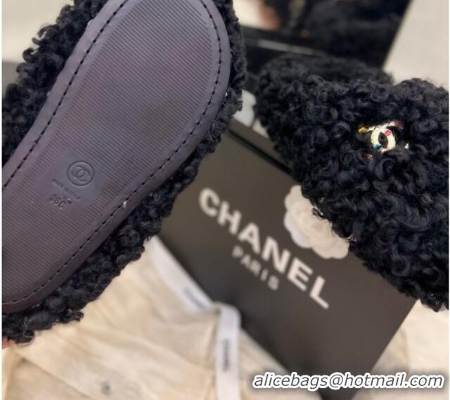 Top Design Chanel Shearling Flat Mules Black 2081234