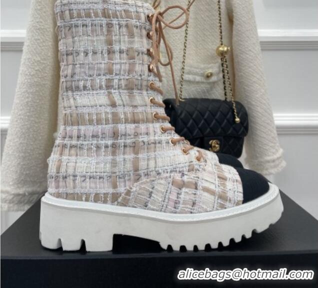 Pretty Style Chanel Tweed Short Boots White/Beige 2081242