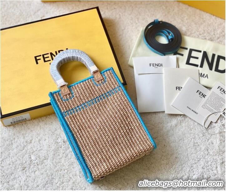 Famous Brand FENDI Mini Sunshine Shopper FF raffia mini-bag 8BS051A blue