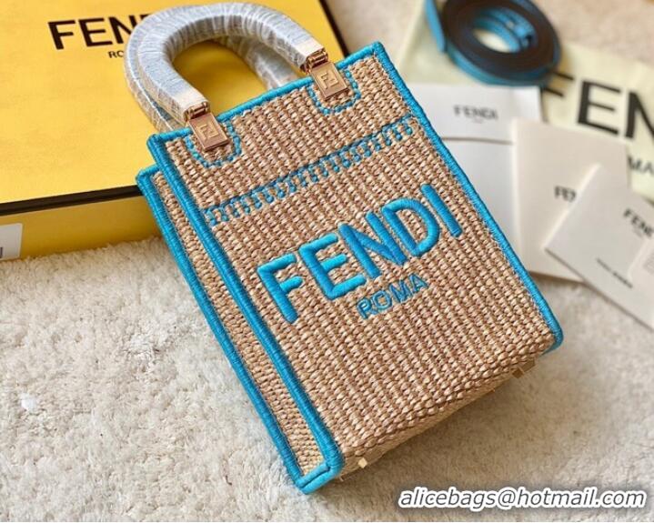 Famous Brand FENDI Mini Sunshine Shopper FF raffia mini-bag 8BS051A blue