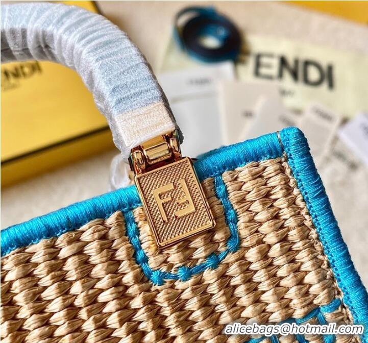 Famous Brand FENDI Mini Sunshine Shopper FF raffia mini-bag 8BS051A blue