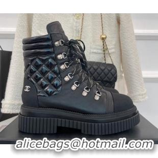 Unique Style Chanel Patent and Calfskin Lace-up Ankle Boots Black 2081245