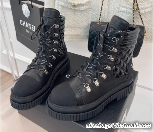 Unique Style Chanel Patent and Calfskin Lace-up Ankle Boots Black 2081245