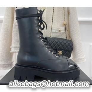 Classic Hot Chanel Lambskin & Patent Leather Motorcycle Boots Black 2081246