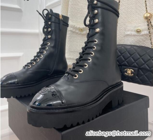 Classic Hot Chanel Lambskin & Patent Leather Motorcycle Boots Black 2081246