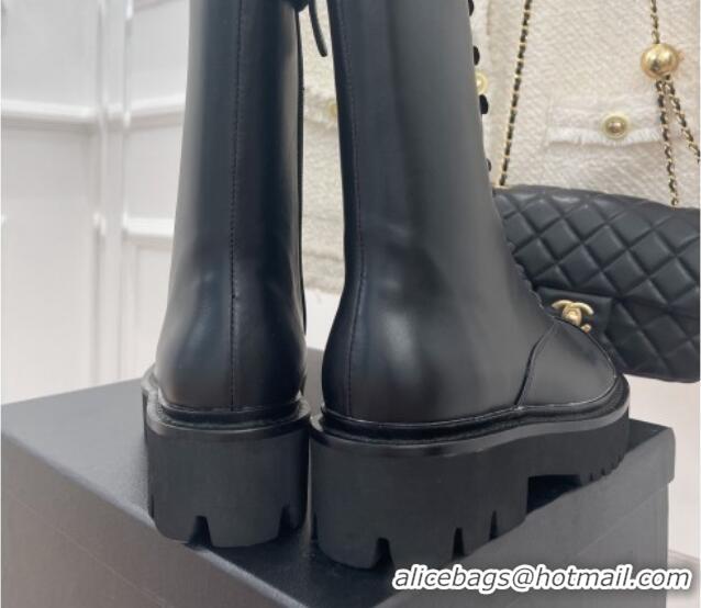 Classic Hot Chanel Lambskin & Patent Leather Motorcycle Boots Black 2081246