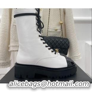 Good Quality Chanel Lambskin & Patent Leather Motorcycle Boots White 081247