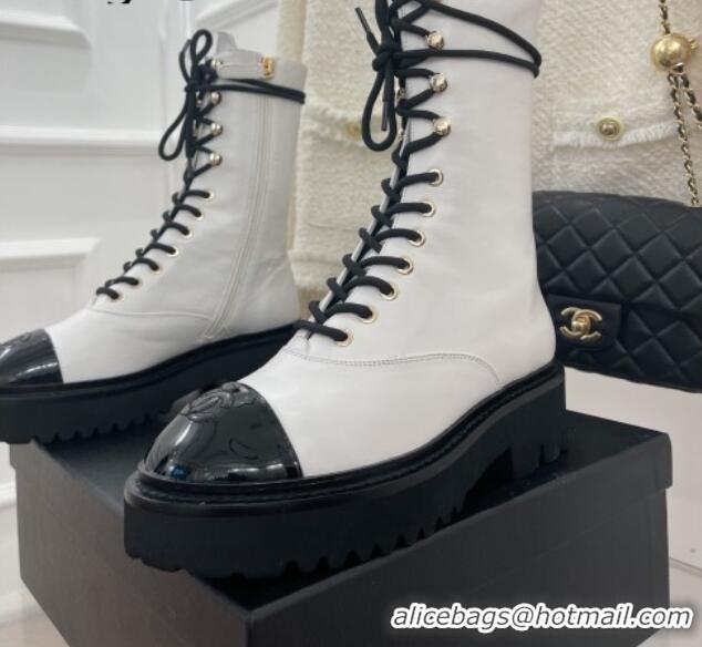 Good Quality Chanel Lambskin & Patent Leather Motorcycle Boots White 081247