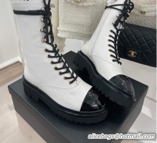 Good Quality Chanel Lambskin & Patent Leather Motorcycle Boots White 081247