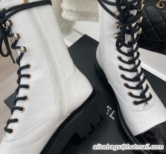 Good Quality Chanel Lambskin & Patent Leather Motorcycle Boots White 081247