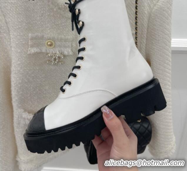 Good Quality Chanel Lambskin & Patent Leather Motorcycle Boots White 081247