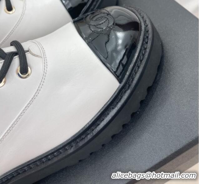 Good Quality Chanel Lambskin & Patent Leather Motorcycle Boots White 081247