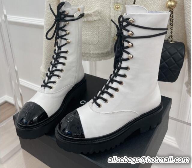 Good Quality Chanel Lambskin & Patent Leather Motorcycle Boots White 081247