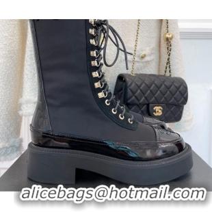 Grade Quality Chanel Grosgrain & Patent Calfskin lace-up Motorcycle Boots Black 081248