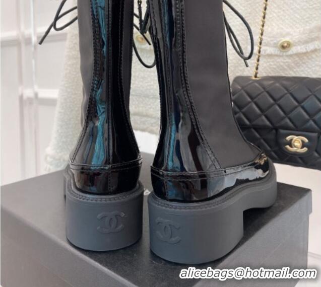 Grade Quality Chanel Grosgrain & Patent Calfskin lace-up Motorcycle Boots Black 081248