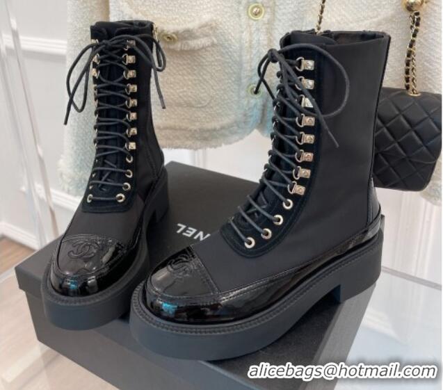 Grade Quality Chanel Grosgrain & Patent Calfskin lace-up Motorcycle Boots Black 081248