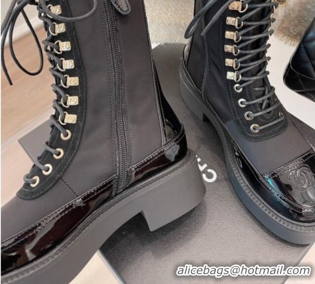 Grade Quality Chanel Grosgrain & Patent Calfskin lace-up Motorcycle Boots Black 081248