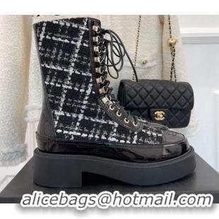 Duplicate Chanel Tweed & Patent Calfskin lace-up Motorcycle Boots Black 081249