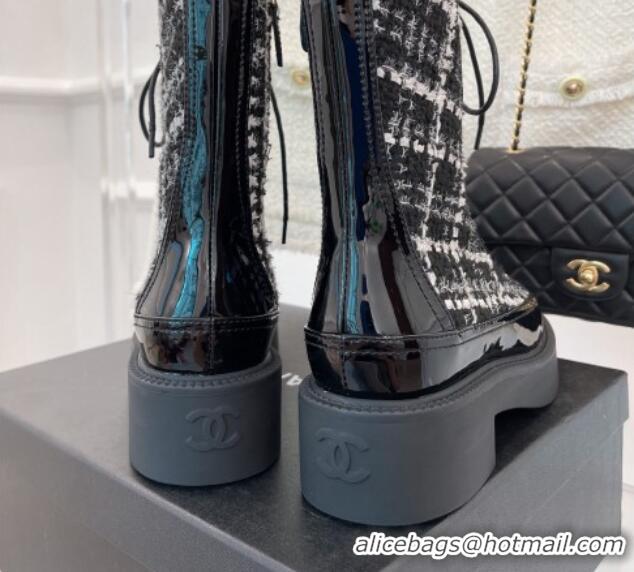 Duplicate Chanel Tweed & Patent Calfskin lace-up Motorcycle Boots Black 081249