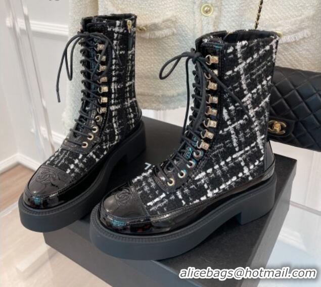 Duplicate Chanel Tweed & Patent Calfskin lace-up Motorcycle Boots Black 081249