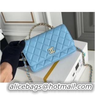 Top Design Chanel MINI FLAP BAG CLUTCH WITH CHAIN Gold-Tone Metal 22SS sky blue