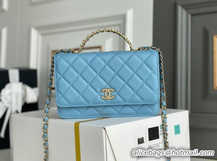 Top Design Chanel MINI FLAP BAG CLUTCH WITH CHAIN Gold-Tone Metal 22SS sky blue