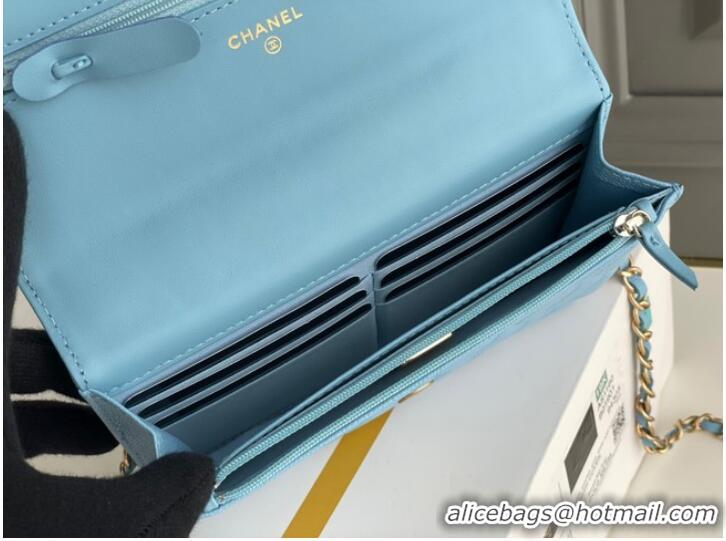 Top Design Chanel MINI FLAP BAG CLUTCH WITH CHAIN Gold-Tone Metal 22SS sky blue