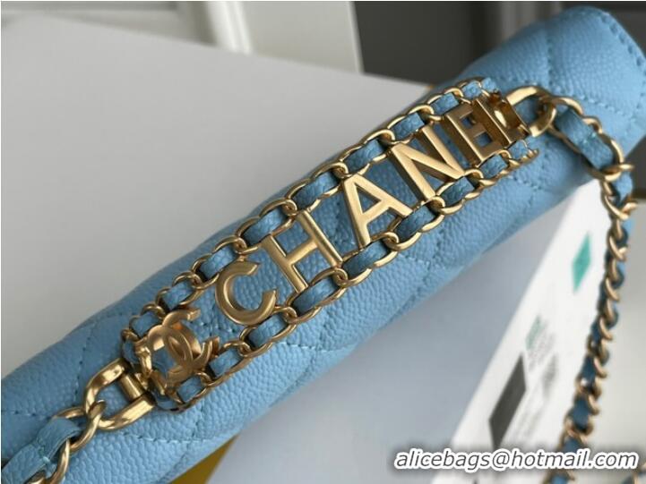 Top Design Chanel MINI FLAP BAG CLUTCH WITH CHAIN Gold-Tone Metal 22SS sky blue