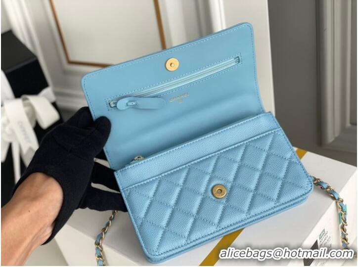 Top Design Chanel MINI FLAP BAG CLUTCH WITH CHAIN Gold-Tone Metal 22SS sky blue