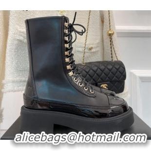 Best Grade Chanel Patent & Calfskin lace-up Motorcycle Boots Black 2081250