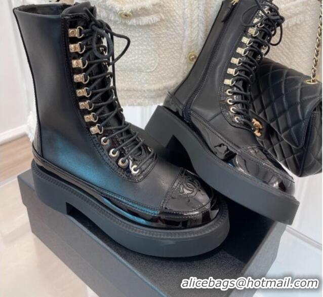 Best Grade Chanel Patent & Calfskin lace-up Motorcycle Boots Black 2081250