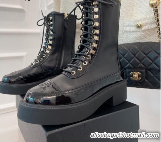 Best Grade Chanel Patent & Calfskin lace-up Motorcycle Boots Black 2081250