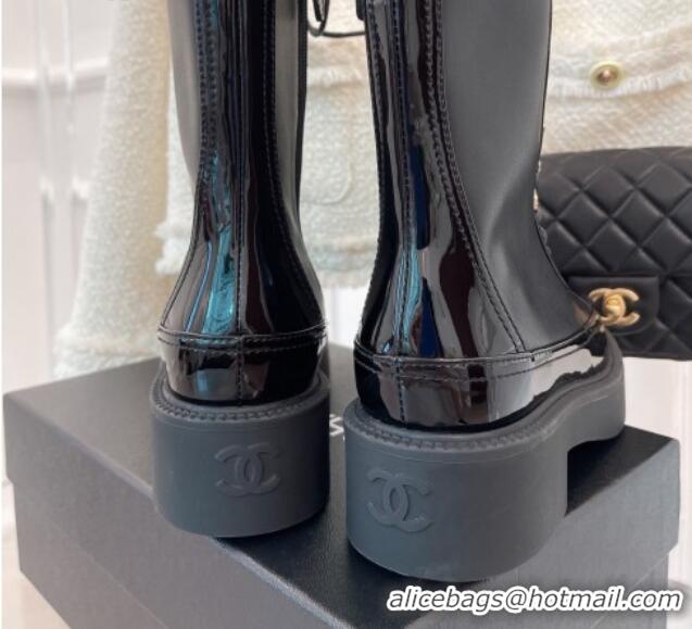 Best Grade Chanel Patent & Calfskin lace-up Motorcycle Boots Black 2081250