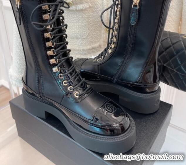 Best Grade Chanel Patent & Calfskin lace-up Motorcycle Boots Black 2081250