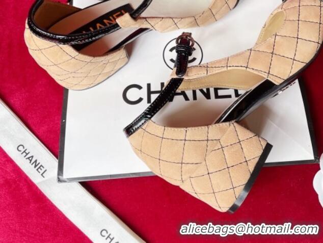 Good Product Chanel Quilted Suede Mary Janes Pumps 4cm G39383 Beige/Black 2081251