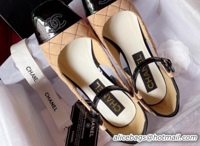 Good Product Chanel Quilted Suede Mary Janes Pumps 4cm G39383 Beige/Black 2081251