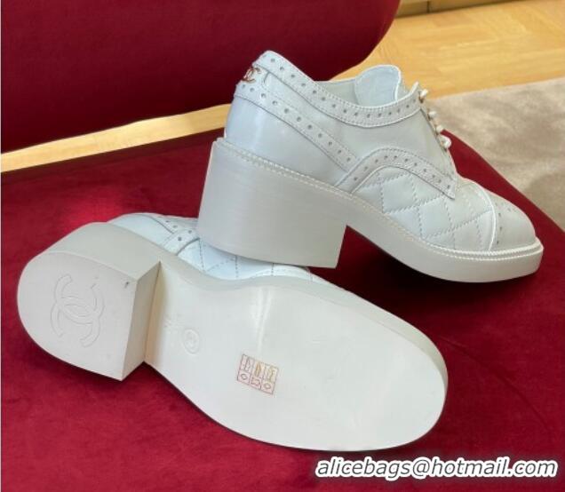 Good Quality Chanel Shiny Calfskin Lace-ups Pumps 4cm G39210 White 081257