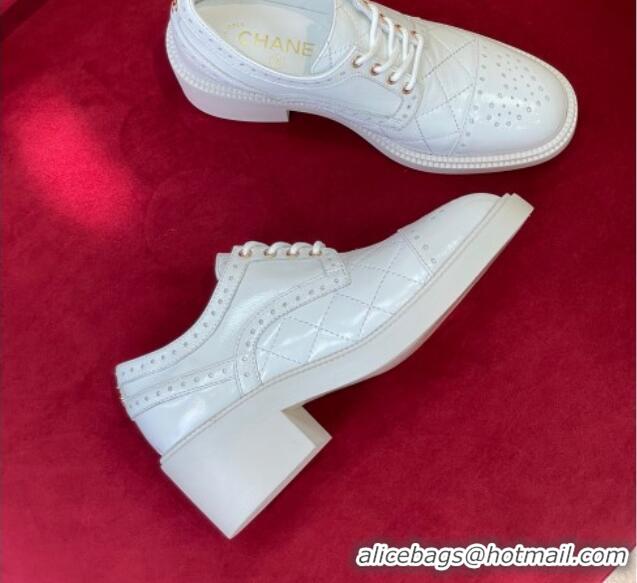 Good Quality Chanel Shiny Calfskin Lace-ups Pumps 4cm G39210 White 081257