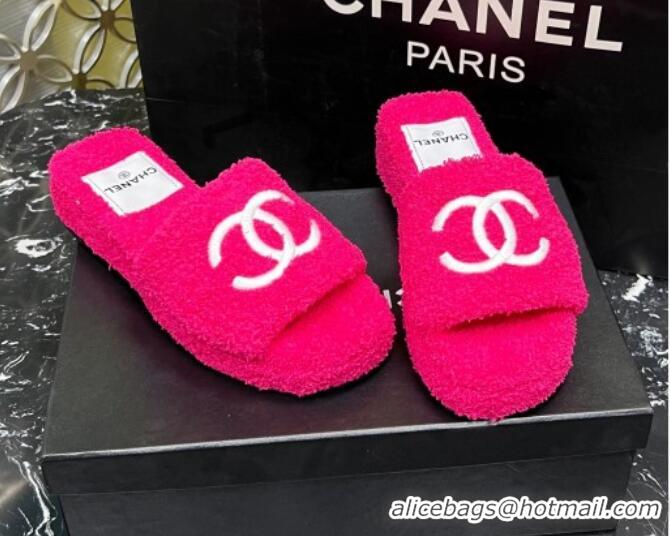 Low Price Chanel Teddycloth Platform Slide Sandals Dark Pink 2081266