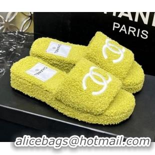 Perfect Chanel Teddycloth Platform Slide Sandals Yellow 2081267