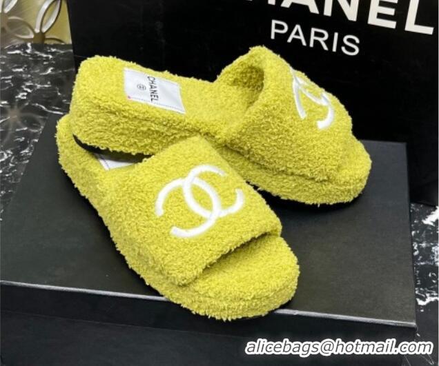 Perfect Chanel Teddycloth Platform Slide Sandals Yellow 2081267