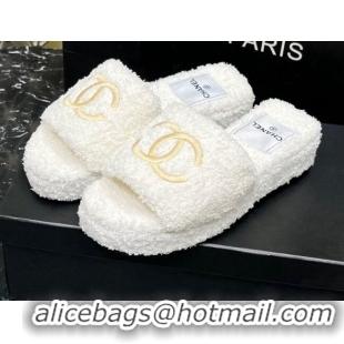 Stylish Chanel Teddycloth Platform Slide Sandals White 2081268