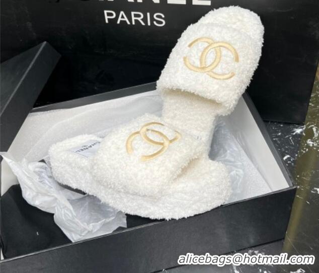 Stylish Chanel Teddycloth Platform Slide Sandals White 2081268