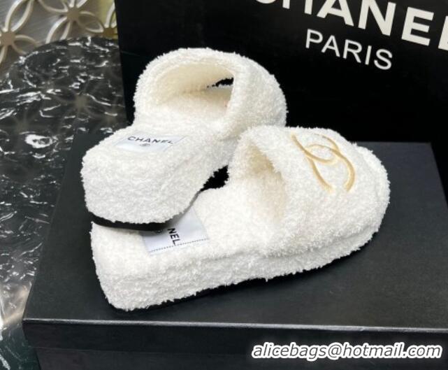 Stylish Chanel Teddycloth Platform Slide Sandals White 2081268